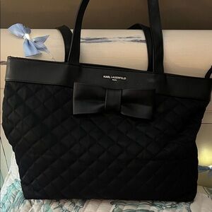 Karl Lagerfeld Black Quilted Tote with Bow Accent
